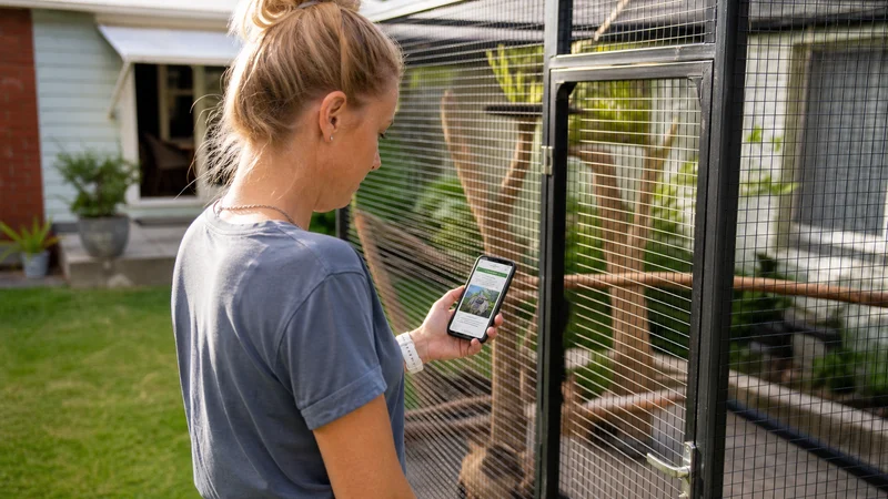 Pet owner checking a council cat containment notice on a phone beside a secure outdoor cat enclosure