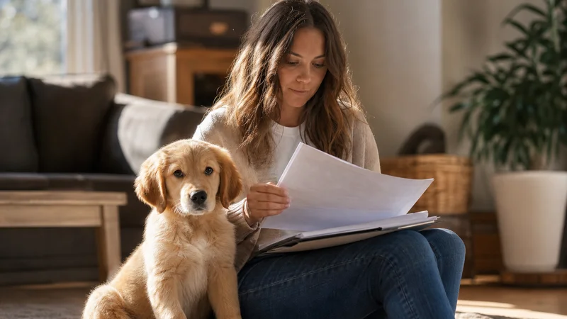 Buyer reviewing breeder paperwork beside a healthy puppy