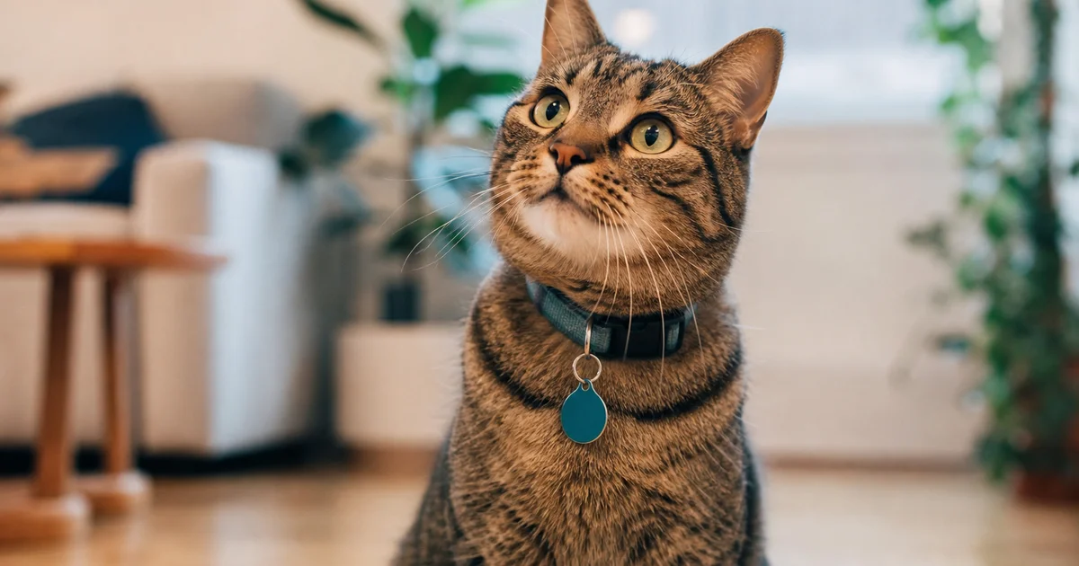 Cat wearing a licence tag with a Canadian city skyline representing cat licensing rules in Canada