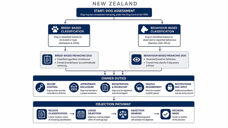 Decision tree showing New Zealand menacing dog classification pathways by breed and behaviour, with owner duties and objection steps