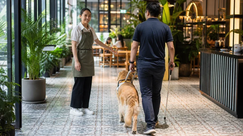 Guide dog and handler entering a Singapore cafe