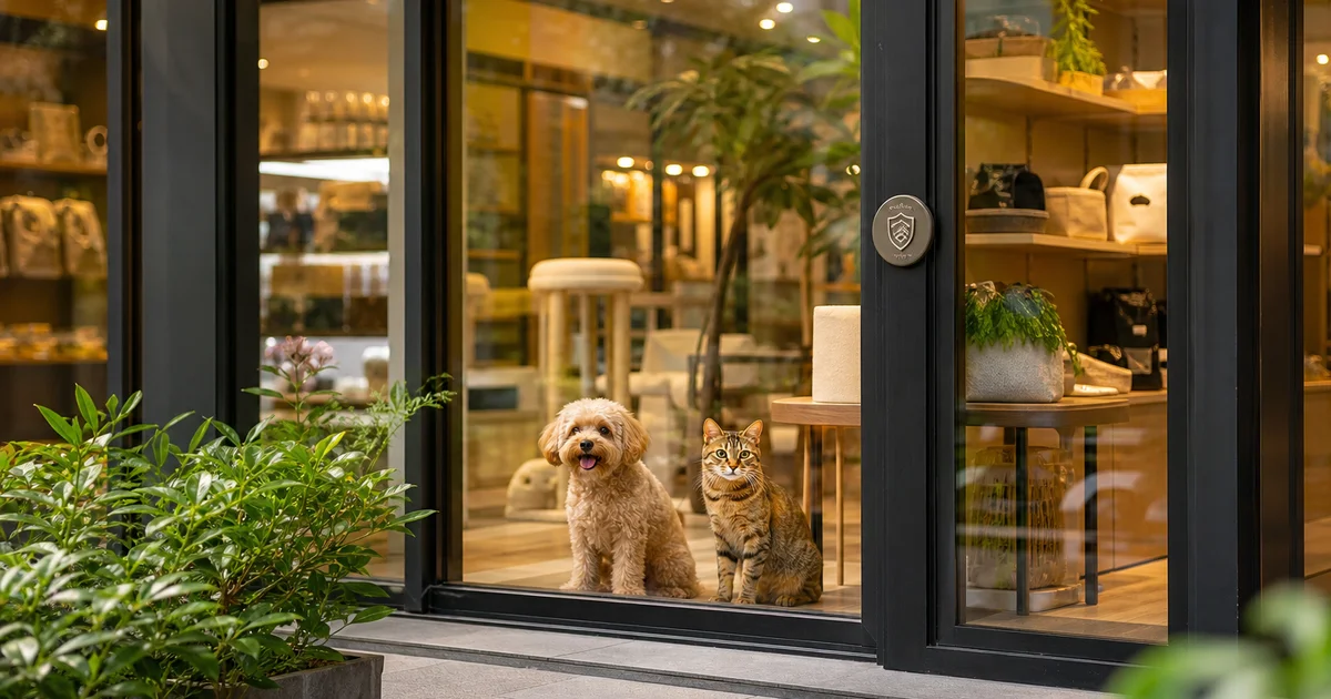 Licensed pet shop in Singapore with a dog and cat in a clean display window