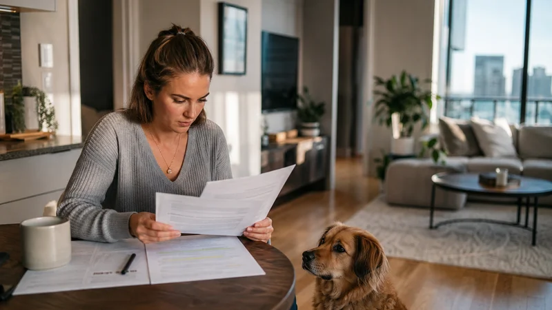 Condo owner reviewing a pet bylaw and board notice with a calm dog nearby
