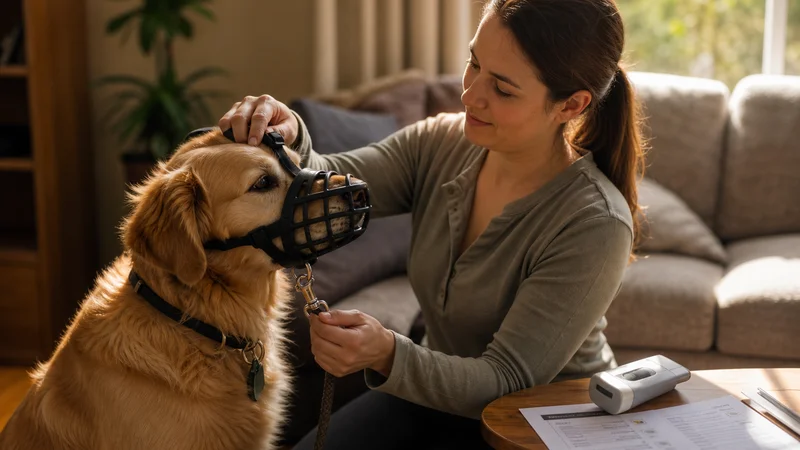 Responsible dog owner fitting a secure basket muzzle and lead before a public outing, with a microchip and veterinary checklist visible