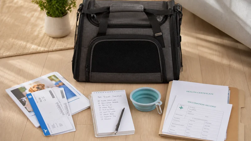 Flat-lay of pet travel preparation items for a Canadian domestic flight