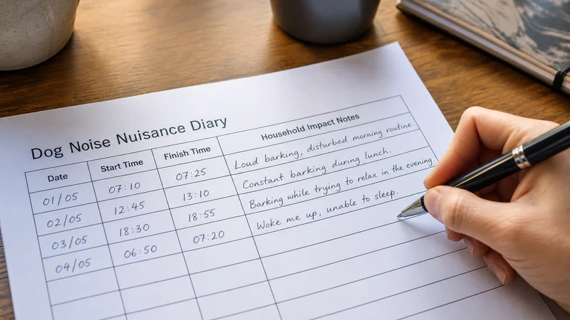 Hand completing a structured dog noise nuisance diary with dates and household impact notes