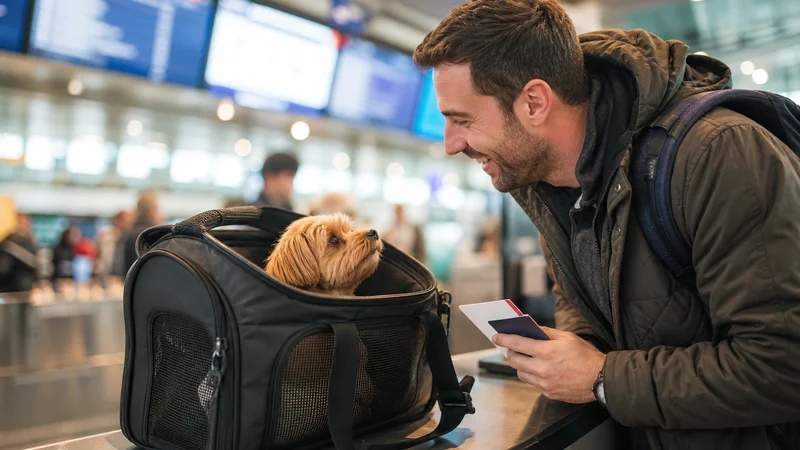 Small dog in a soft-sided carrier checked at a Canadian airline counter