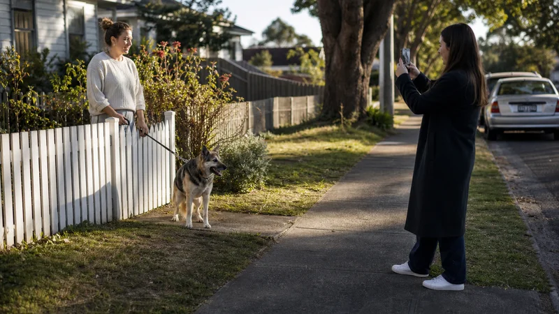 Two pet owners exchanging details safely after a dog incident in Australia