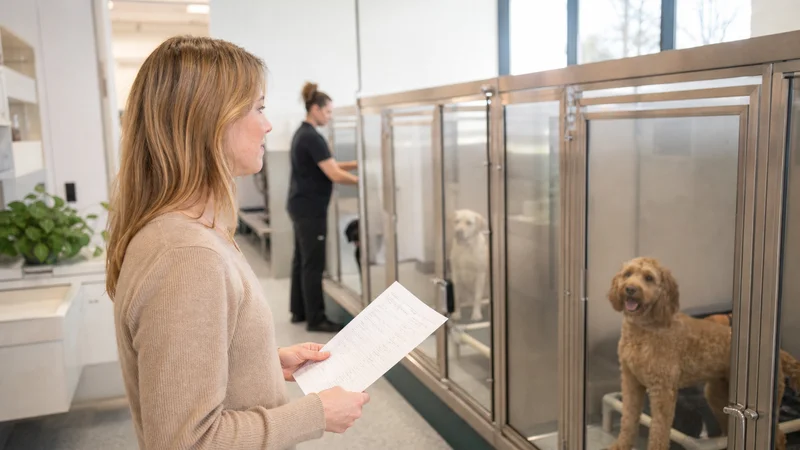 Pet owner using a checklist to inspect a Canadian boarding kennel before booking