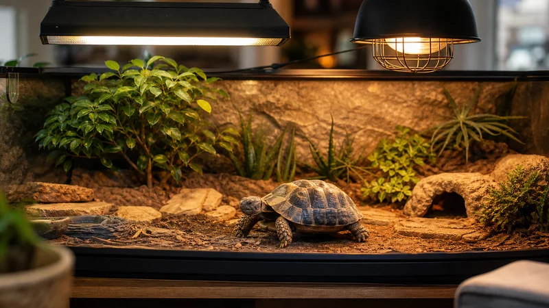 陸龜飼養環境的UVB燈具與溫度設置示意