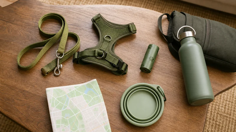 Dog walking kit with lead, harness, waste bags and water bottle for a park visit