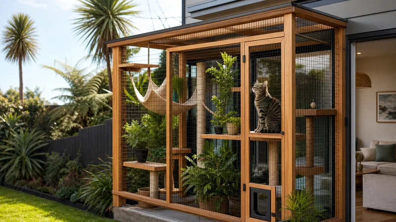 Backyard catio enclosure design for safe cat containment in New Zealand