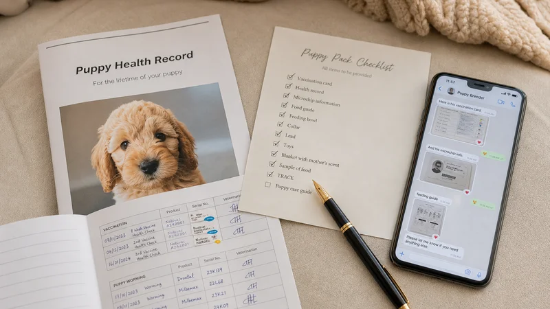 Flat-lay of a TRACE checklist and puppy health records