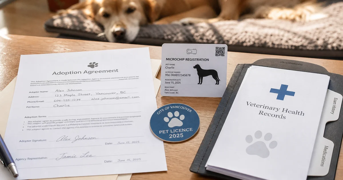 Documents and a pet licence tag laid out for a pet ownership transfer in Canada