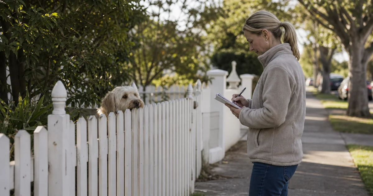 Australian suburban neighbour documenting a barking dog disturbance over a fence