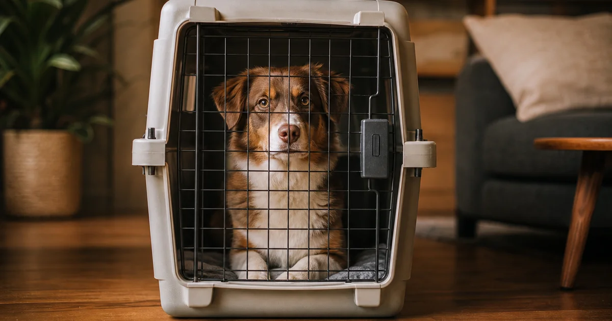 Dog travel crate with import permit and biosecurity icons representing the process to import a dog to Australia
