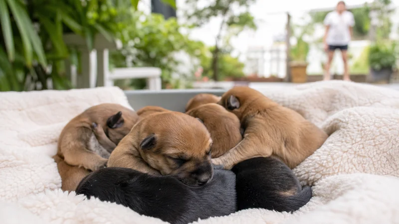 Newborn puppies resting outdoors while an observer keeps a discreet distance in Singapore