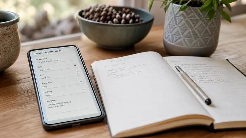 Notebook and phone showing a checklist for reporting animal cruelty in New Zealand