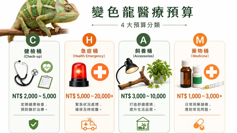 CHAM四桶預算法資訊圖表:健檢、急症、飼養設備與藥物費用分配
