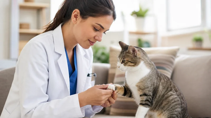 A veterinarian examining a cat paw during a routine clinic visit in Canada