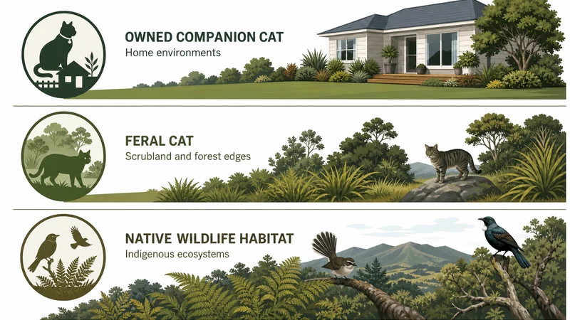 Infographic distinguishing owned companion cats, feral cats and native wildlife in New Zealand