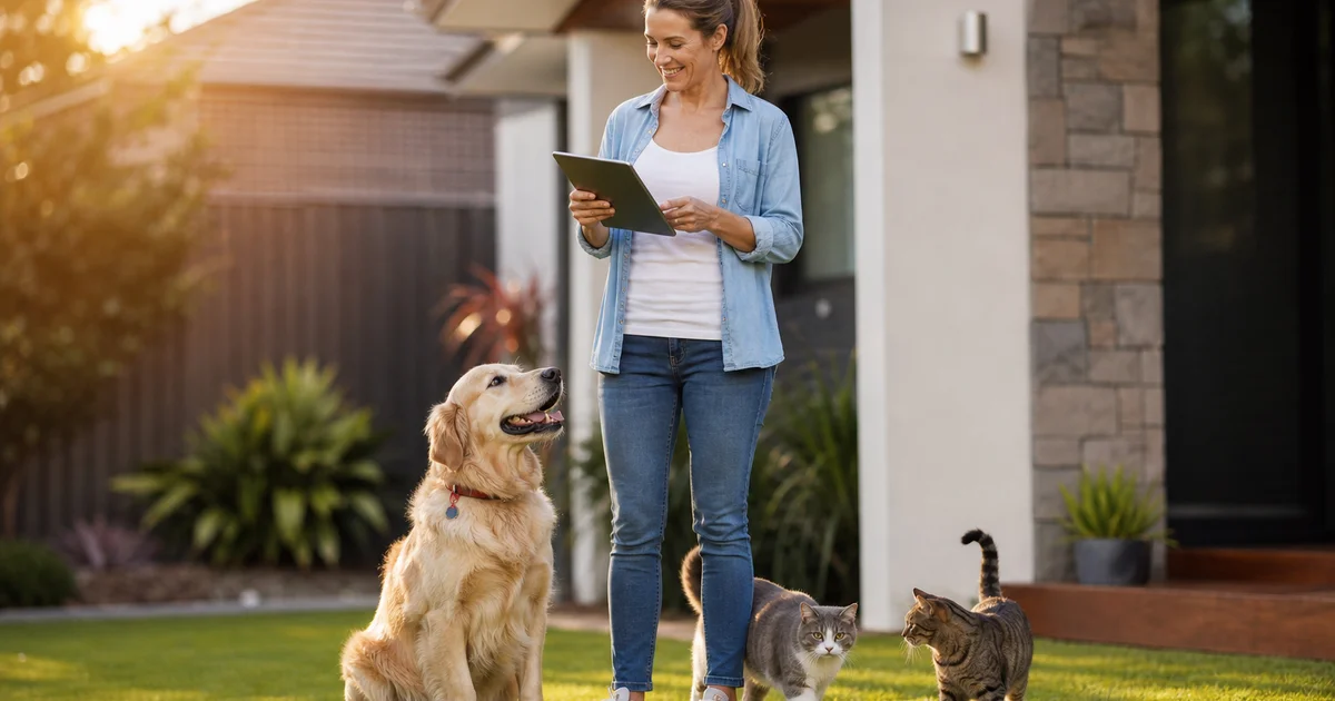 Australian pet owner checking local council pet limit rules on a tablet at home with a dog and two cats
