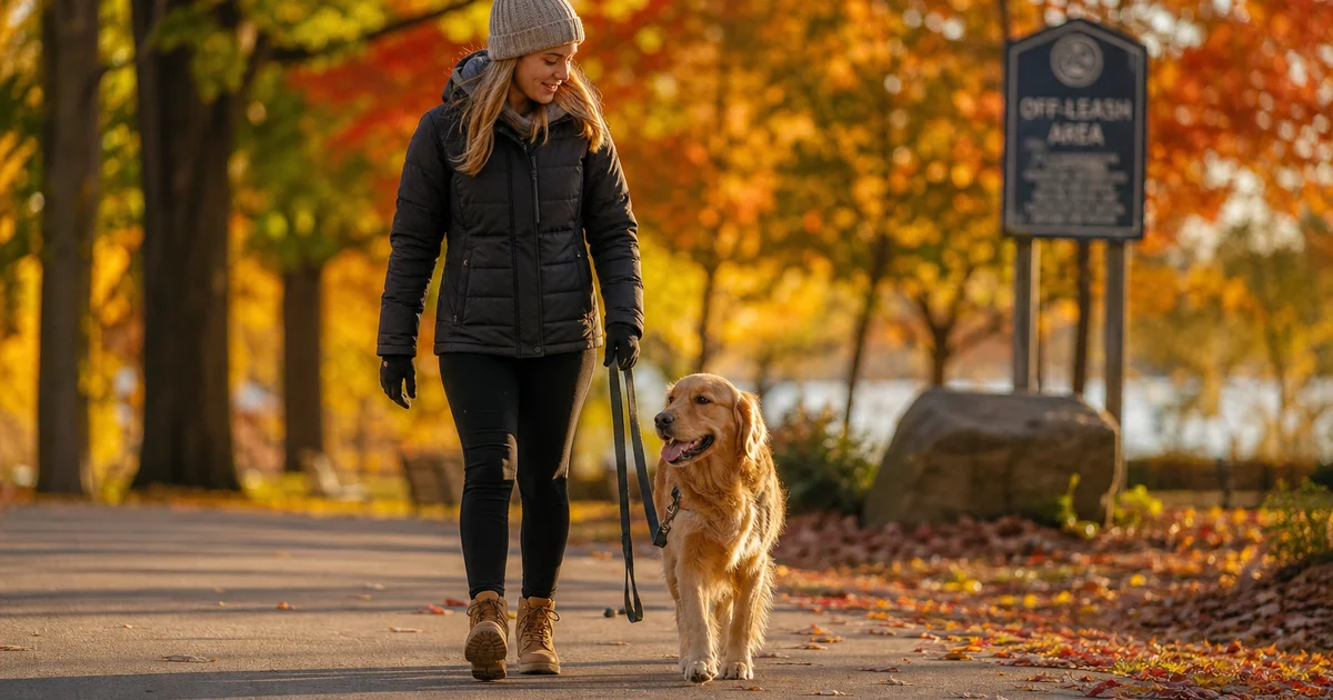 Dog on a leash walking past a municipal off-leash area sign in a Canadian city park