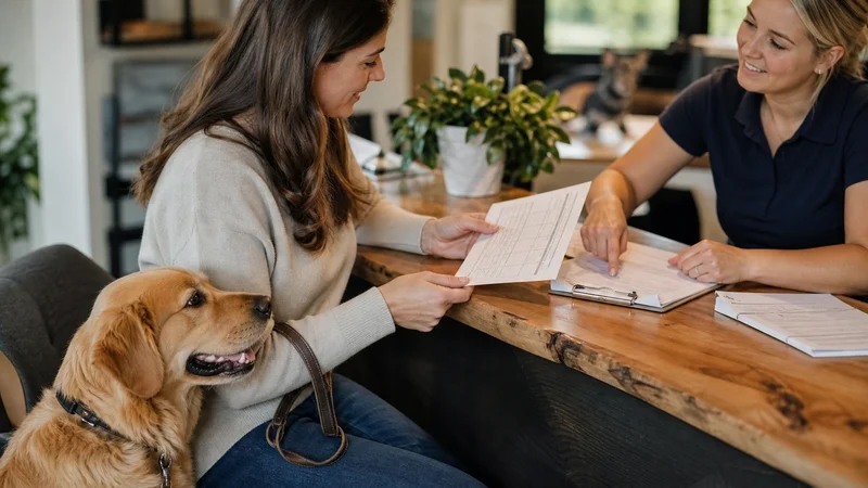 Pet owner reviewing a daycare licence checklist with a dog Pet owner reviewing a daycare licence checklist with a dog