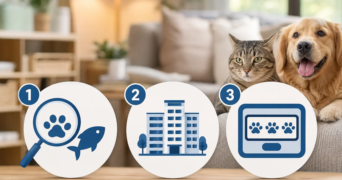 Infographic showing the AVS three-check process for choosing a legal pet in Singapore: species, housing and household limit