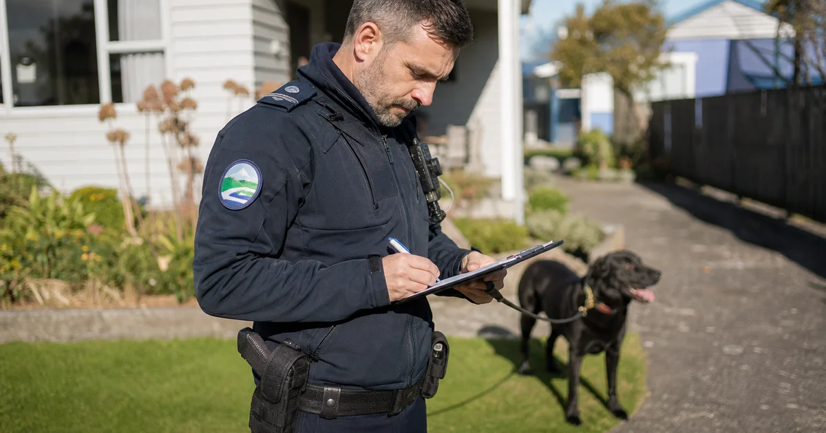 New Zealand council dog control officer documenting a dog incident outside a home