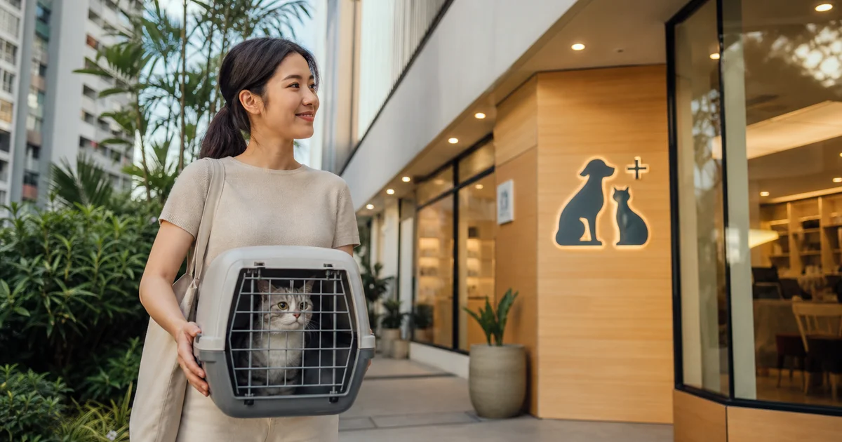 Pet owner bringing a cat to a Singapore veterinary clinic for microchipping and licensing