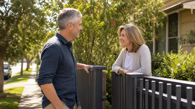 Australian neighbours having a calm doorstep conversation about recurring dog barking