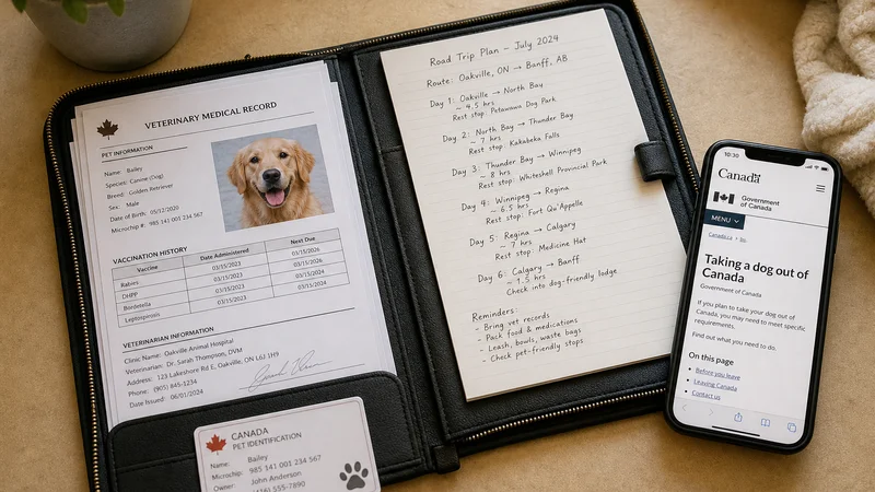 Travel folder with veterinary records, route notes and a phone showing an official municipal webpage