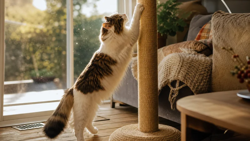 A cat using a scratching post as an alternative to declawing at home in Canada