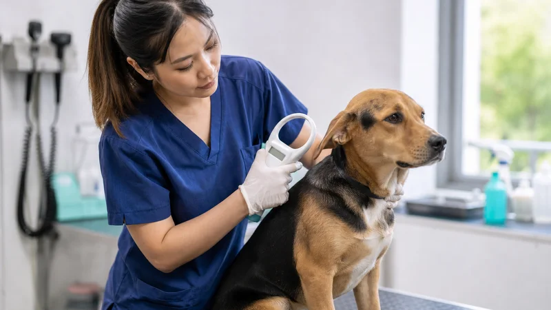 Veterinary clinic staff scanning a found dog for a microchip in Singapore