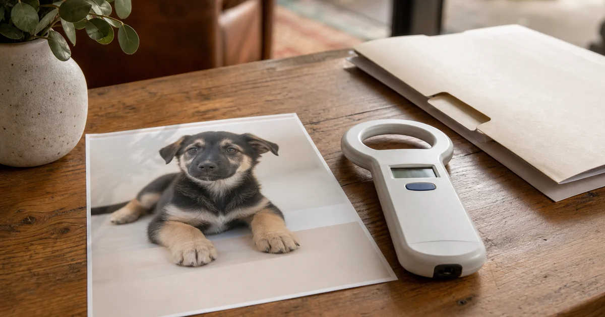 Pet advertisement paperwork and microchip scanner representing Australian pet advertising source number rules