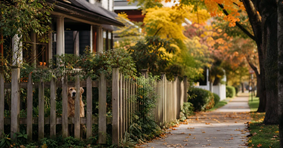 Canadian suburban street with a dog behind a residential fence