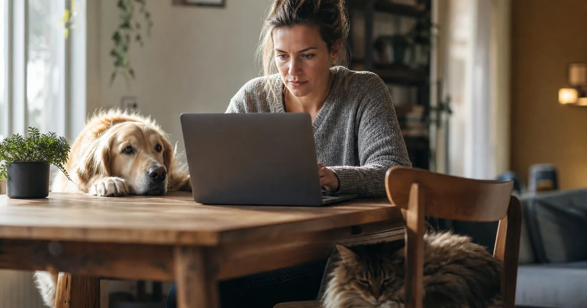 Canadian pet owner reviewing municipal animal bylaw pet limits on a laptop beside a dog and cat