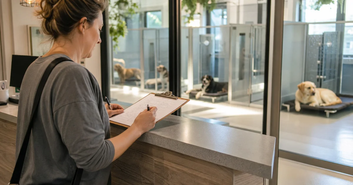 Canadian pet owner reviewing a boarding kennel licence checklist before booking