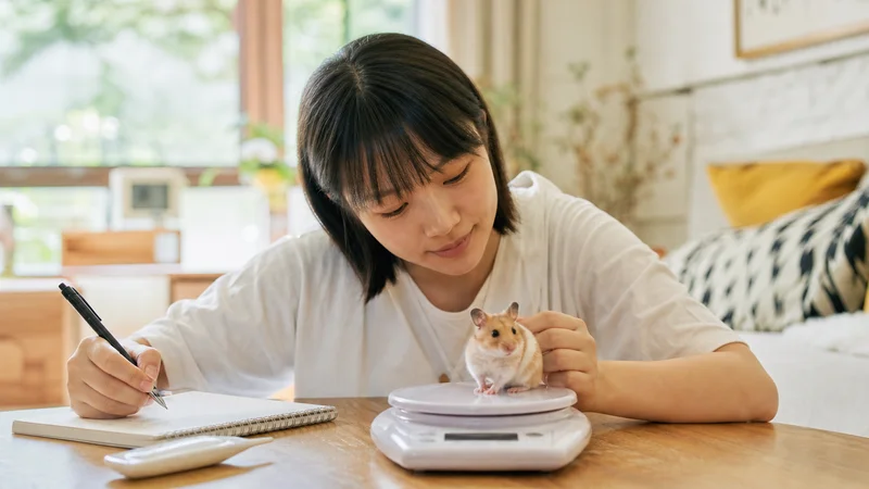 飼主用電子秤測量倉鼠體重並記錄健康狀況