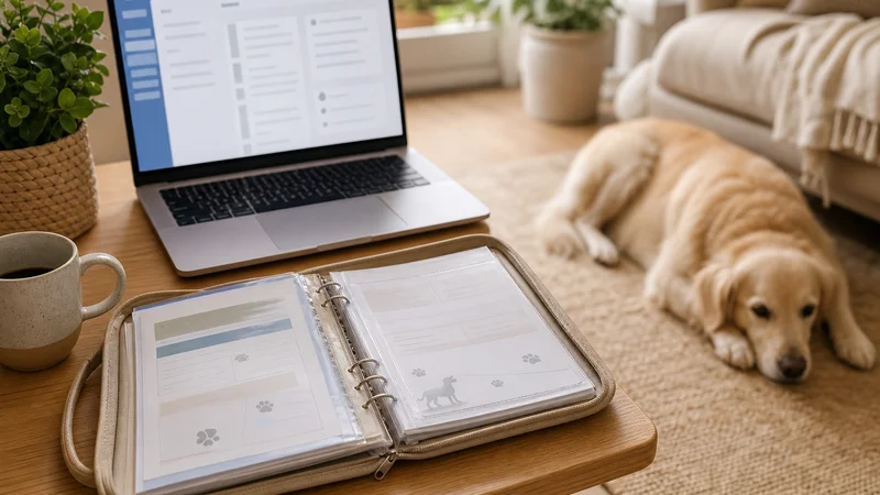 Pet-care records folder beside an official veterinary register