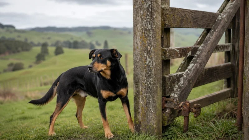 Working dog beside a stockyard gate on a New Zealand farm