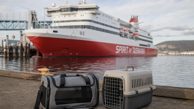 Spirit of Tasmania ferry with pet travel carriers at a Tasmanian port