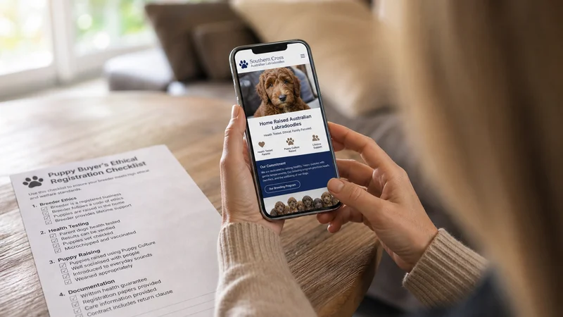 Buyer checking a dog breeder registration number before paying a deposit