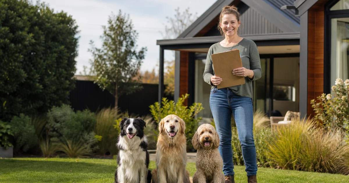 New Zealand pet owner with three dogs checking council permit requirements at home