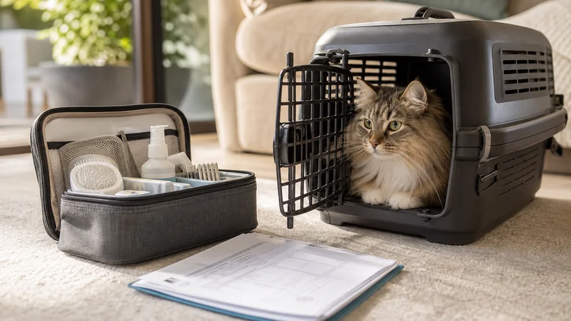 Cat in a travel carrier beside vaccination records before travelling to Tasmania