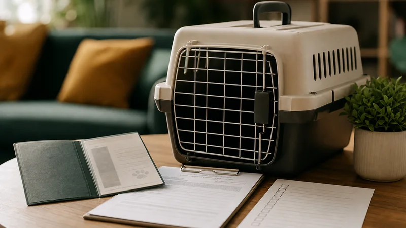 Documents and carrier prepared for CITES exotic pet travel