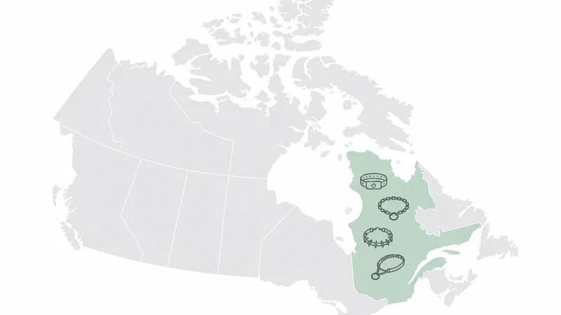 Map of Canada highlighting Quebec collar ban versus the rest of the country