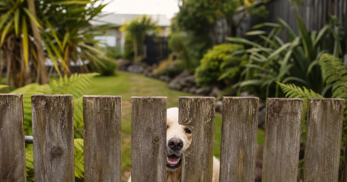 New Zealand suburban backyard with a dog behind a residential fence