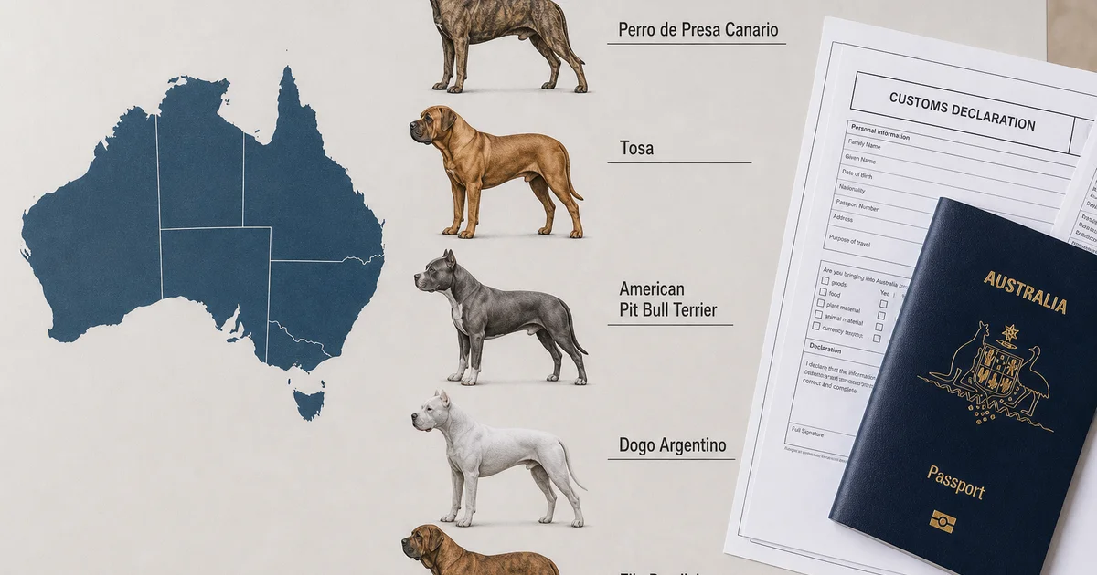 Australian import ban graphic listing five restricted dog breeds beside customs documents